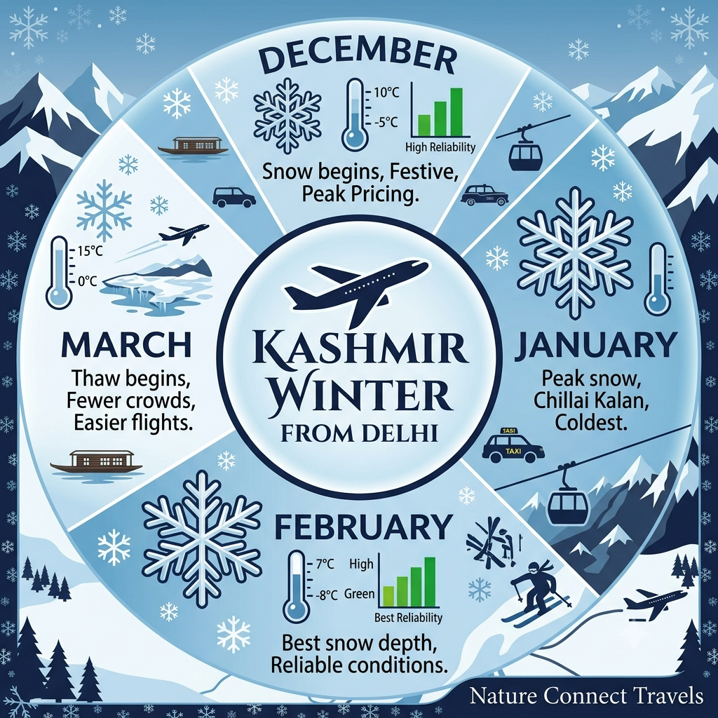 Kashmir Winter Packages from Delhi 2026 | ₹29,400+ All-Inc 11 Seasonal guide infographic showing best months for Kashmir winter packages from Delhi