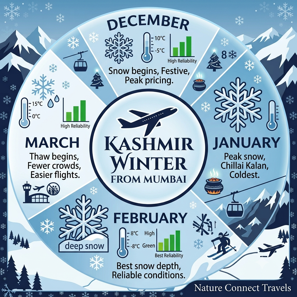 Seasonal guide infographic showing best months for Kashmir winter packages from Mumbai