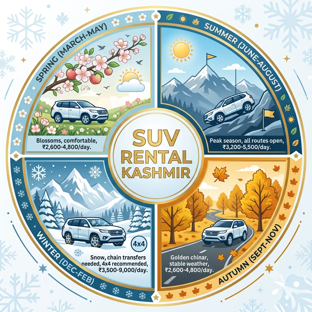 SUV Rental in Kashmir 2026 | Nature Connect Travels ₹3,000+ 11 Seasonal guide infographic showing best months for SUV rental in Kashmir travel by Nature Connect Travels