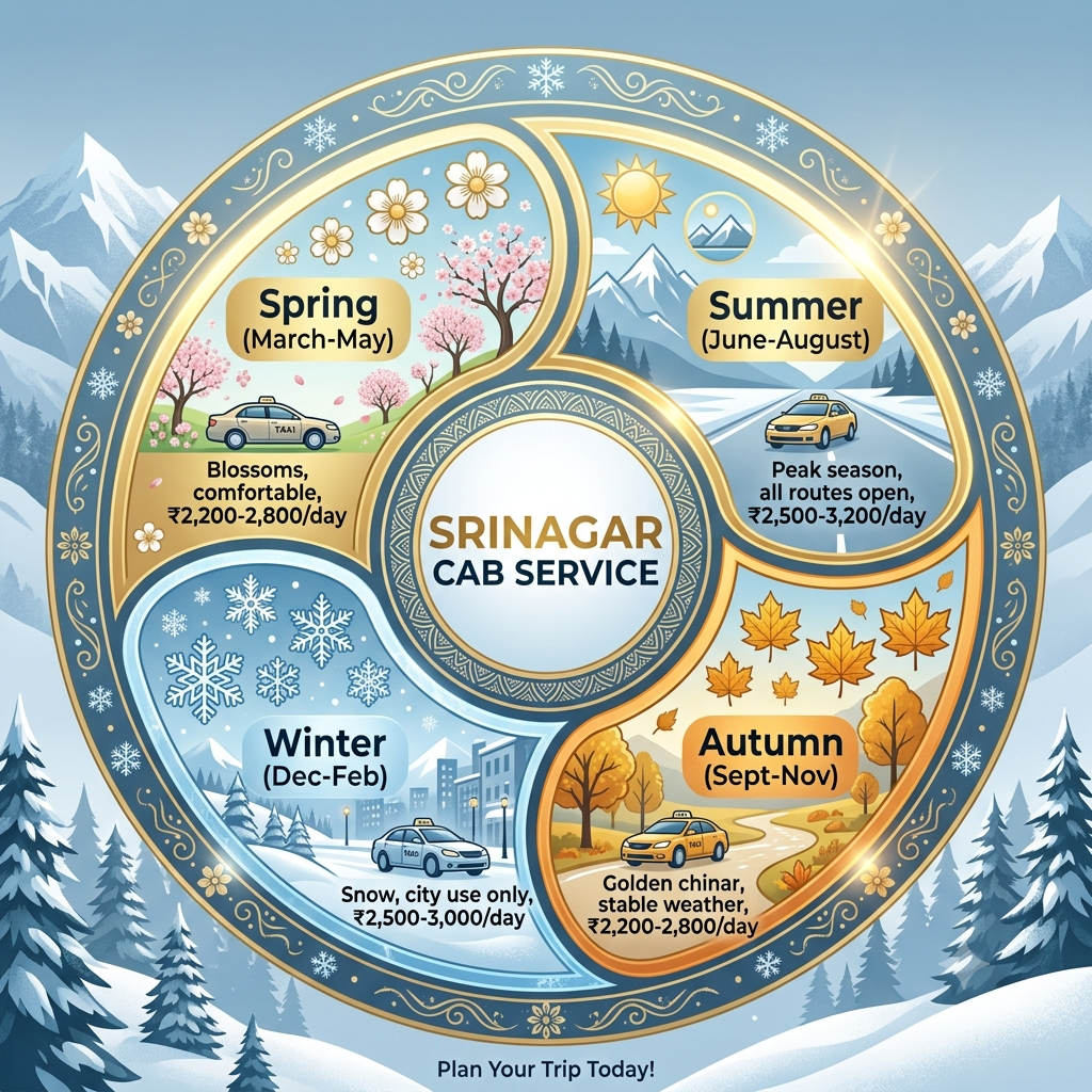 Seasonal guide infographic showing best months for Srinagar cab service by Nature Connect Travels