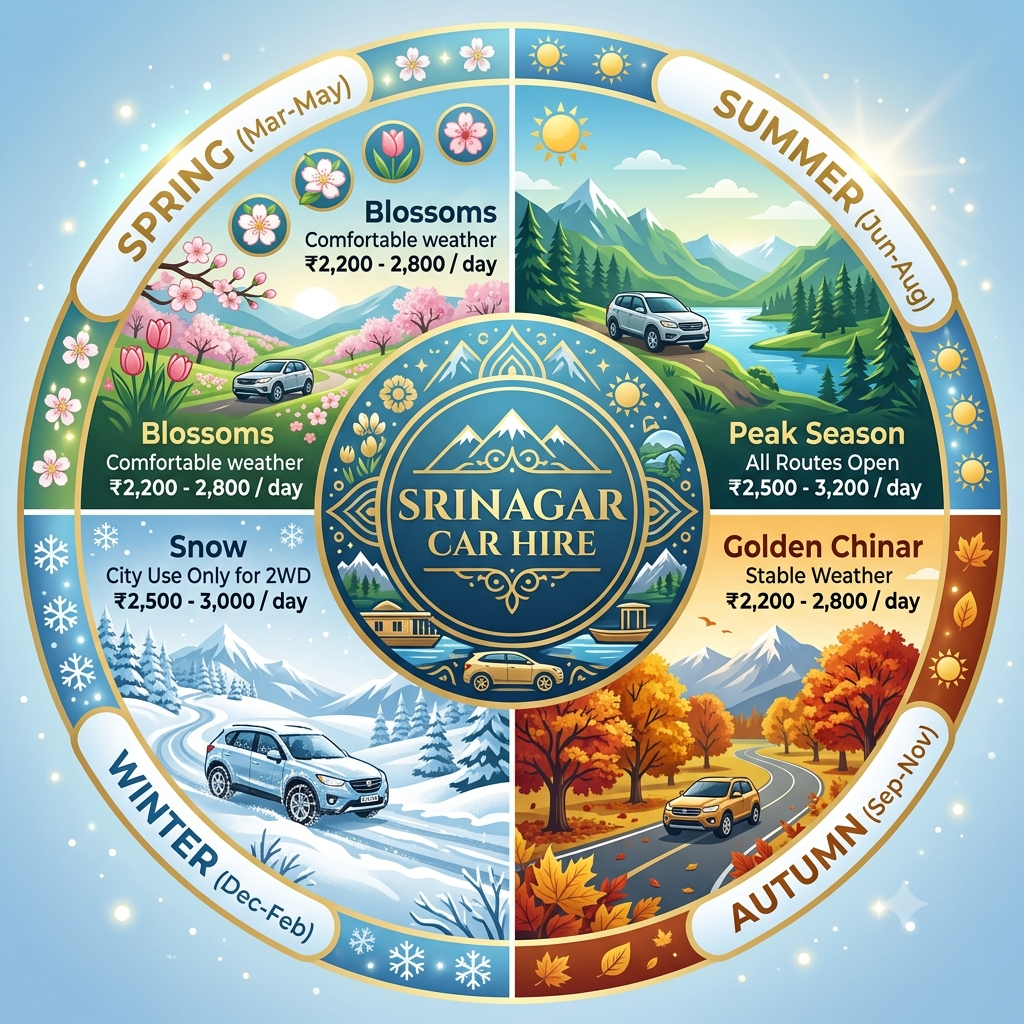 Srinagar Car Hire 2026 | Nature Connect Travels ₹2,200+ 12 Seasonal guide infographic showing best months for Srinagar car hire by Nature Connect Travels