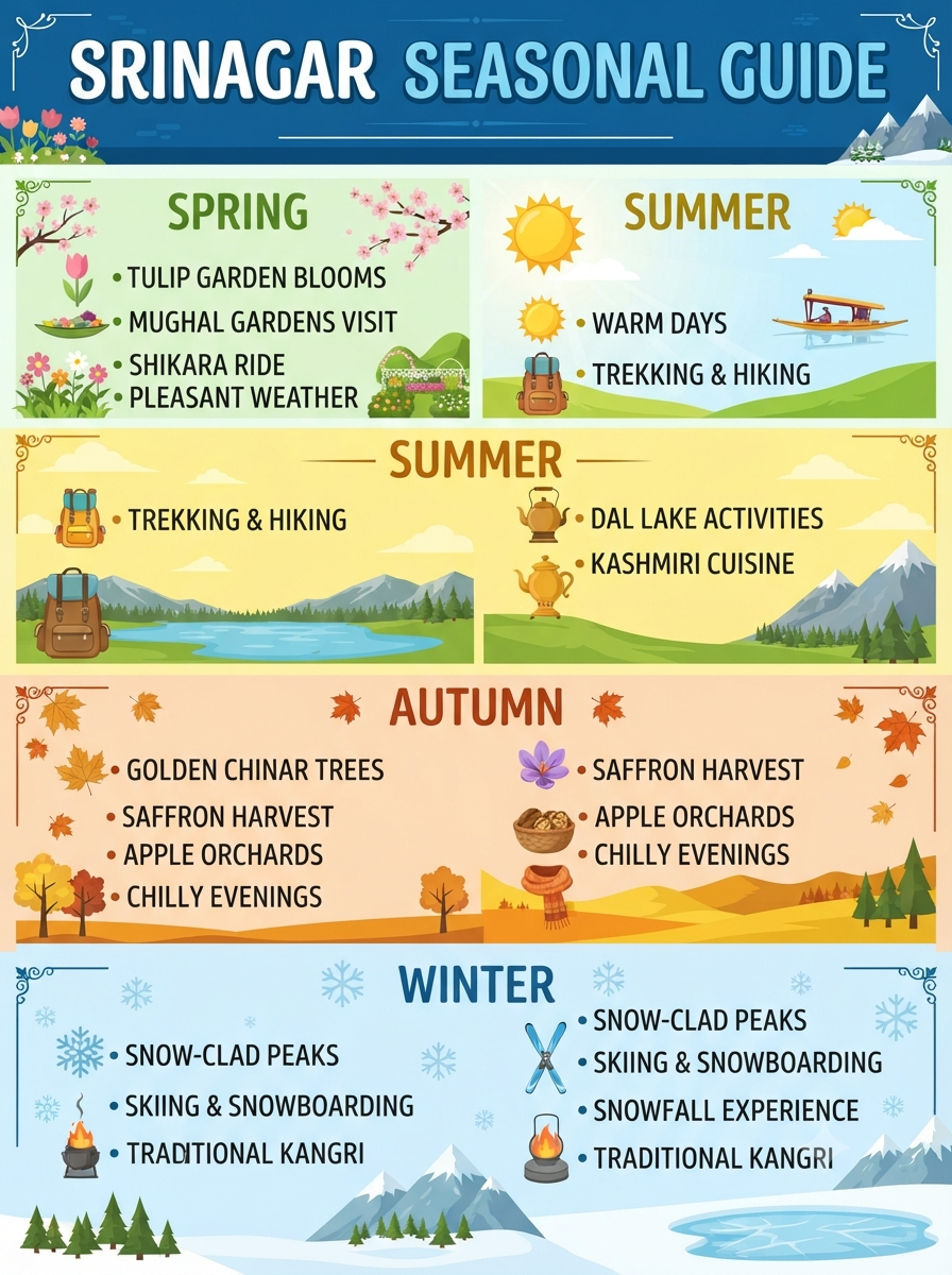 Seasonal guide infographic showing best months for Srinagar trip package by Nature Connect Travels