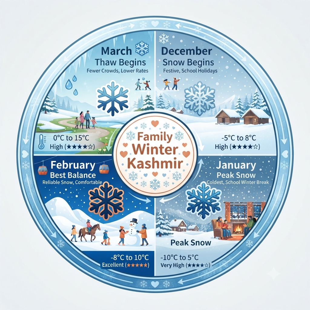 Seasonal guide infographic showing best months for budget Kashmir winter package for family