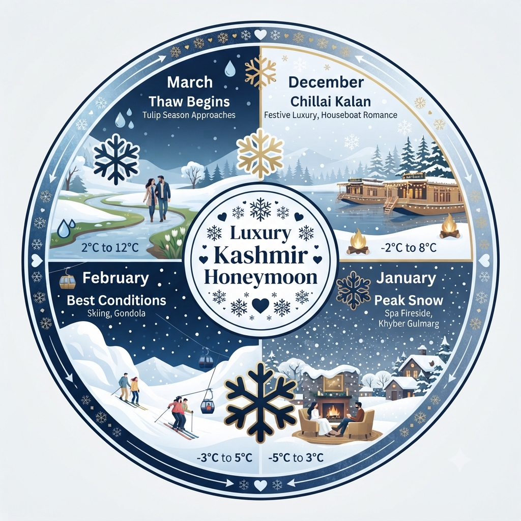 Luxury Kashmir Winter Honeymoon Package 2026 | 5-Star ₹65K+ 11 Seasonal guide infographic showing best months for luxury Kashmir winter honeymoon package