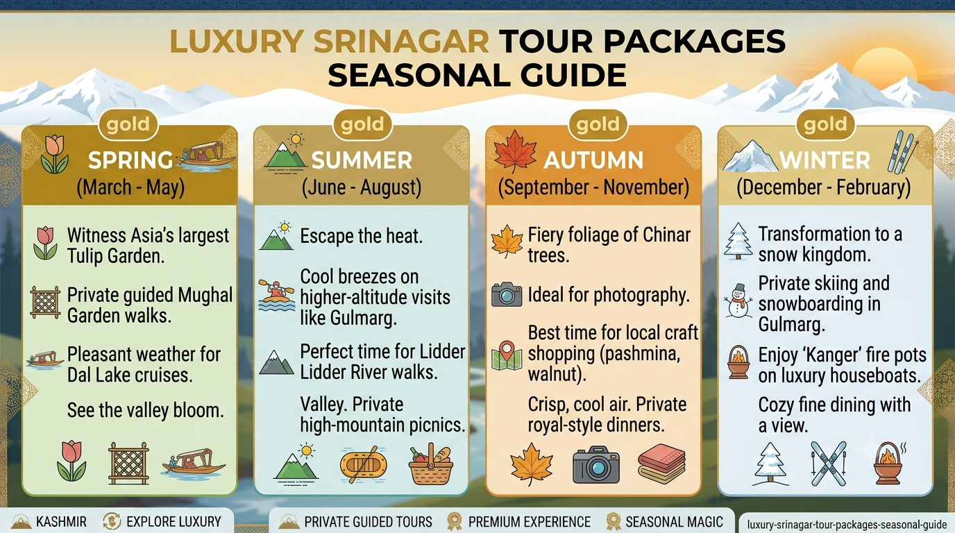 Seasonal guide infographic showing best months for luxury Srinagar tour packages by Nature Connect Travels