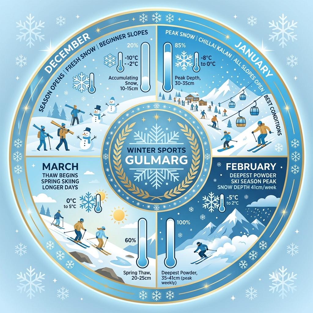 Seasonal guide infographic showing best months for winter sports package Gulmarg by Nature Connect Travels