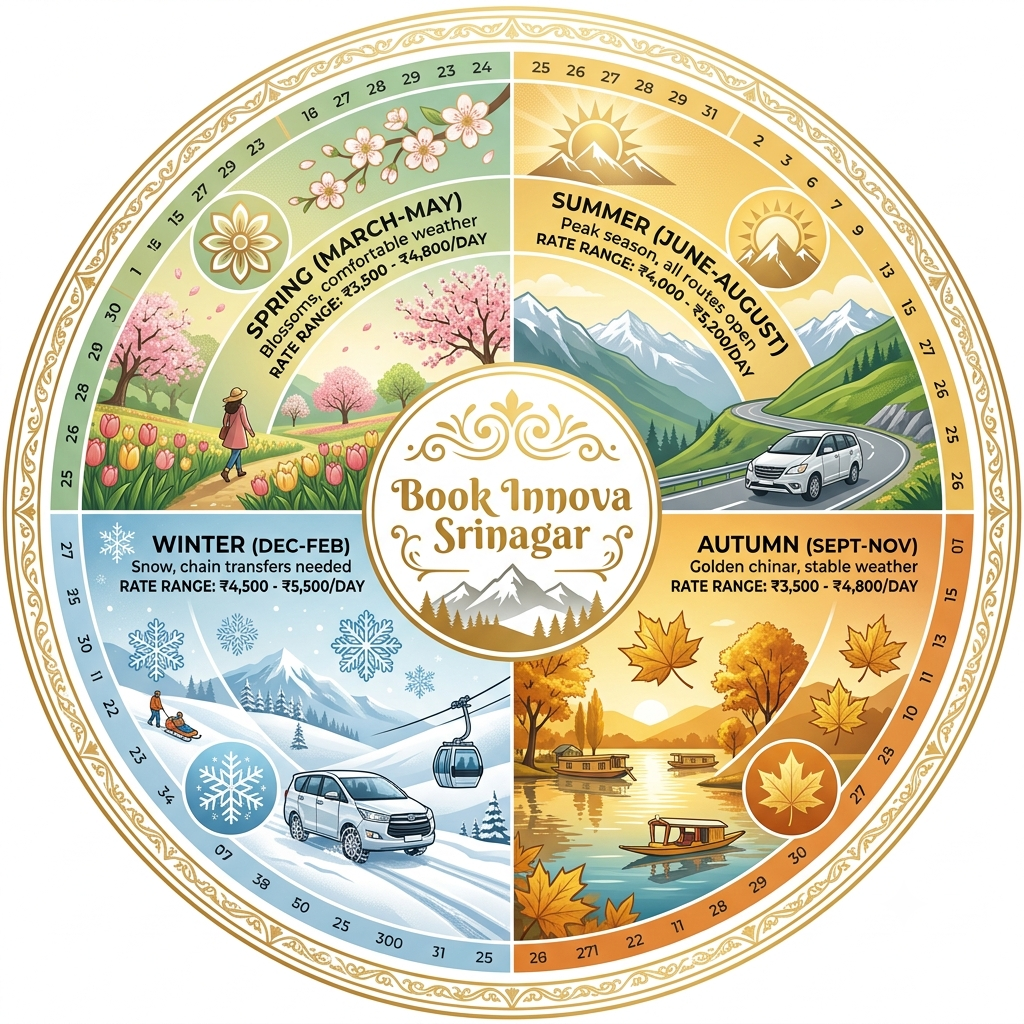 Book Innova in Srinagar 2026 | Nature Connect Travels ₹3,500+ 12 Seasonal guide infographic showing best months to book Innova in Srinagar by Nature Connect Travels