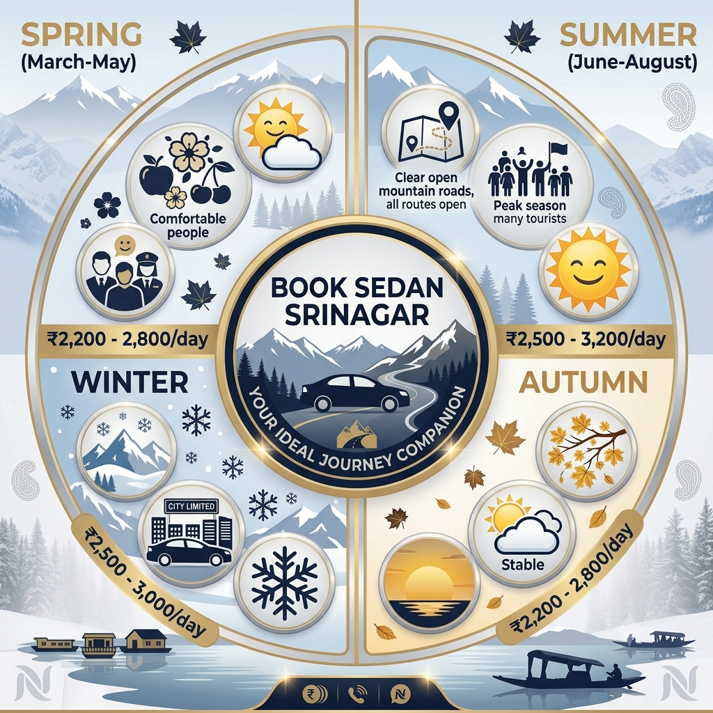 Seasonal guide infographic showing best months to book sedan taxi in Srinagar by Nature Connect Travels