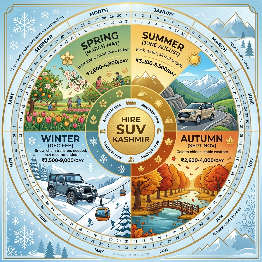 Seasonal guide infographic showing best months to hire SUV in Kashmir by Nature Connect Travels