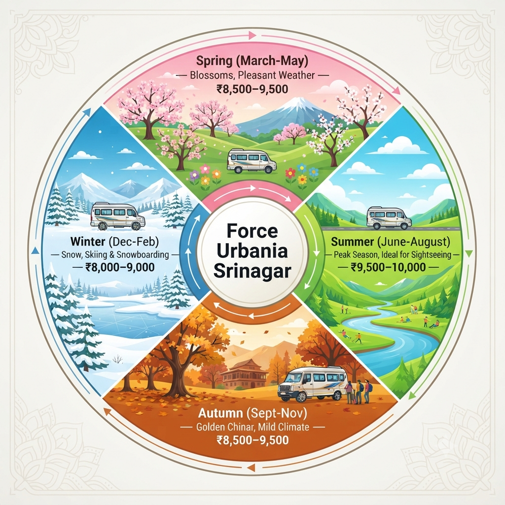 Seasonal guide infographic showing best time and rates for Force Urbania luxury tempo hire in Srinagar Kashmir