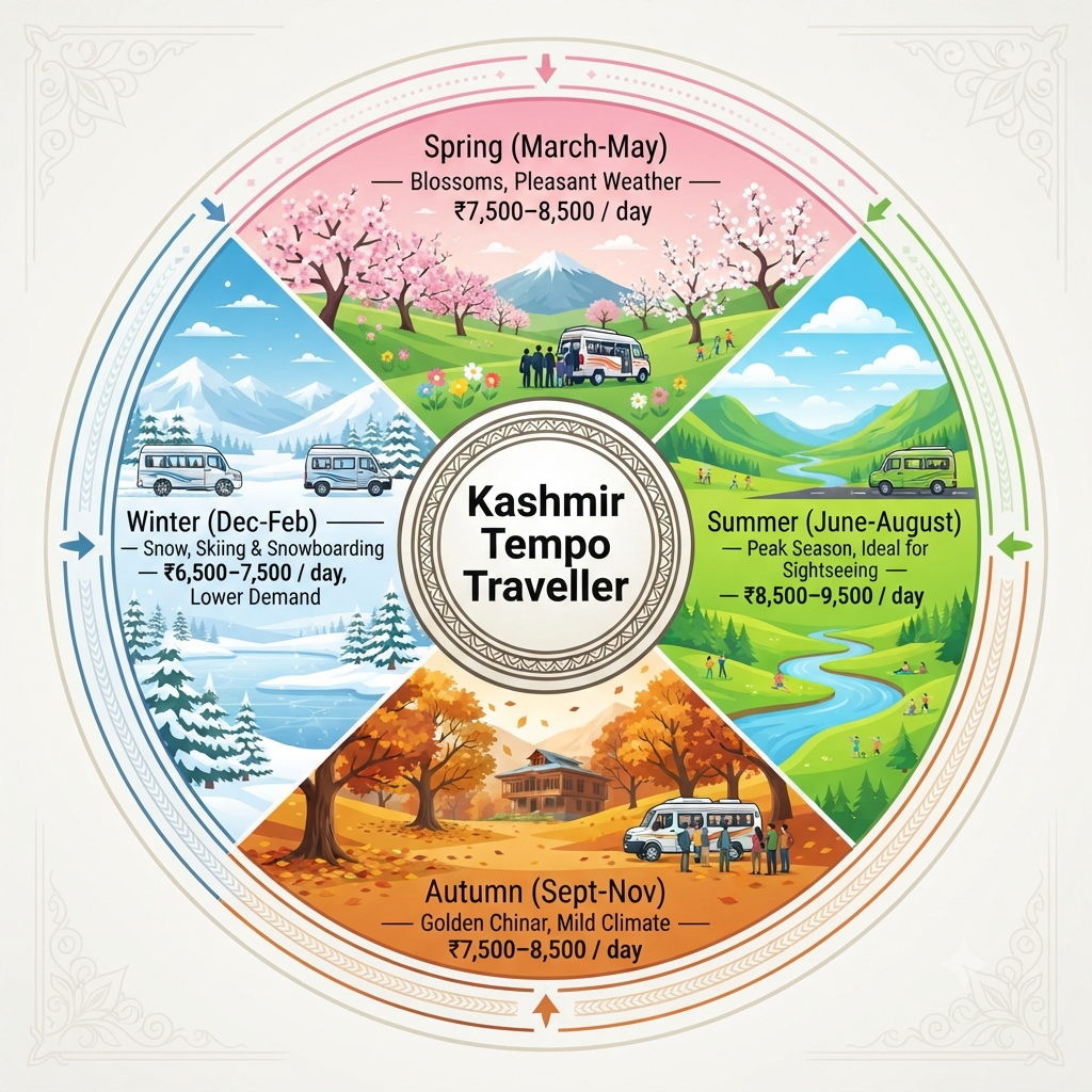 Seasonal guide infographic showing best time and rates for tempo traveller hire in Kashmir