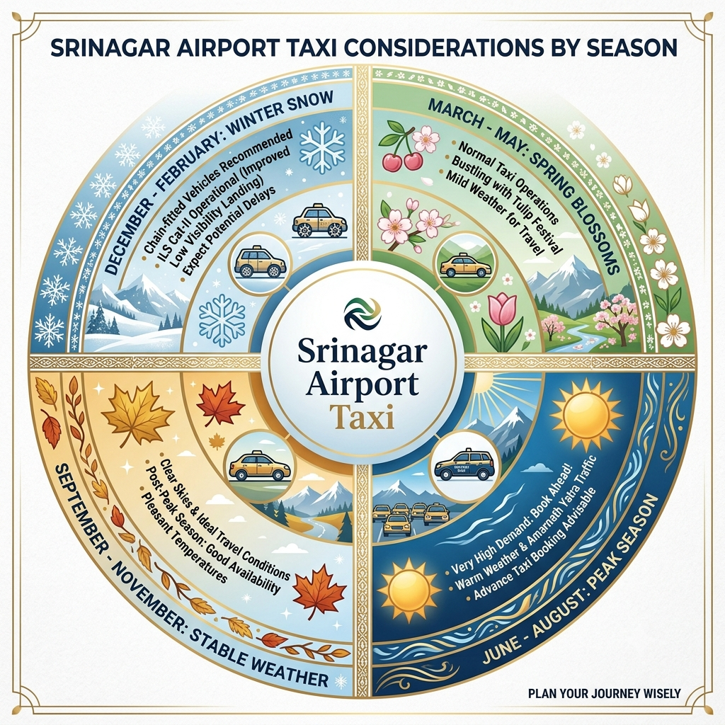 Srinagar Airport Taxi 2026 | Nature Connect Travels ₹2,500+ 11 Seasonal guide infographic showing best time for Srinagar airport taxi transfers by Nature Connect Travels
