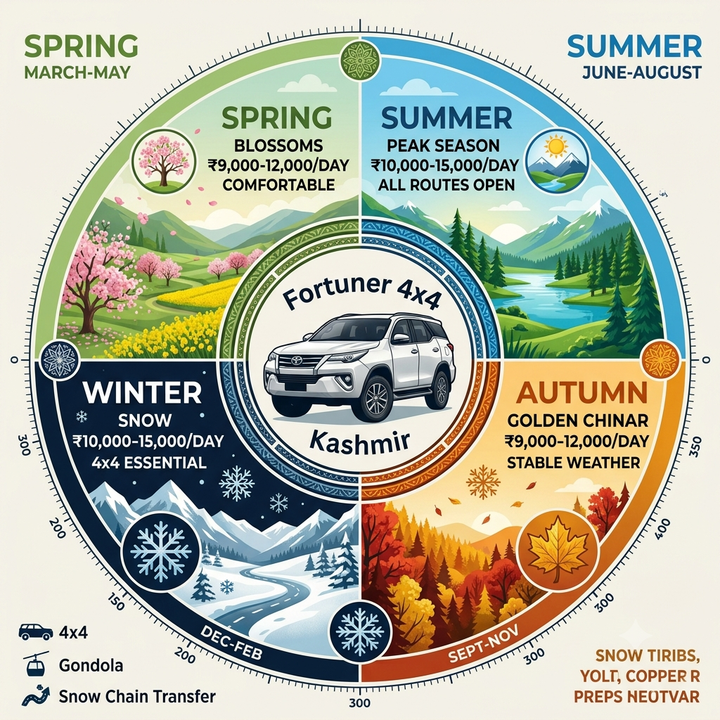 Toyota Fortuner 4x4 Rental Kashmir with Driver 2026 | ₹9,000 11 Seasonal guide infographic showing best time for Toyota Fortuner 4x4 rental in Kashmir with driver