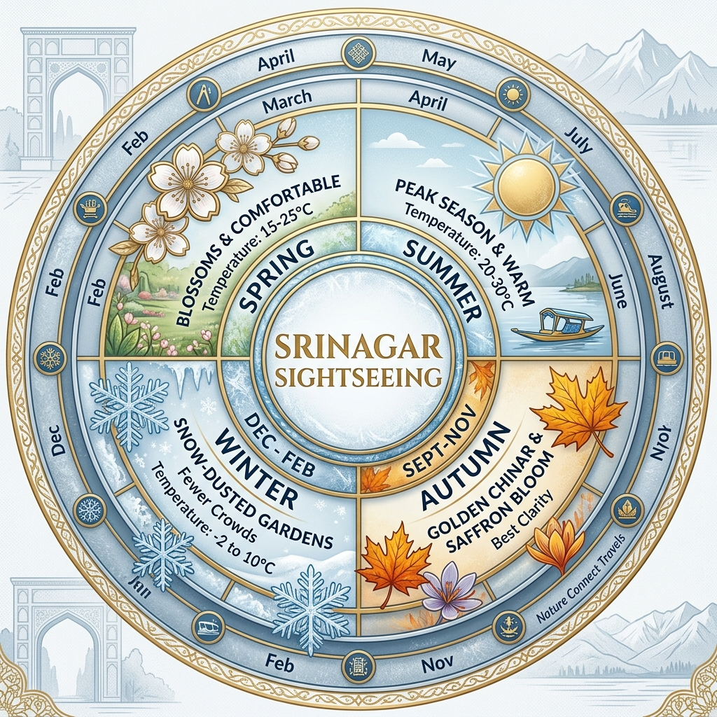 Srinagar Sightseeing Cab Full Day 2026 | Nature Connect ₹2,200+ 10 Seasonal guide infographic showing best times for Srinagar sightseeing cab full day tour