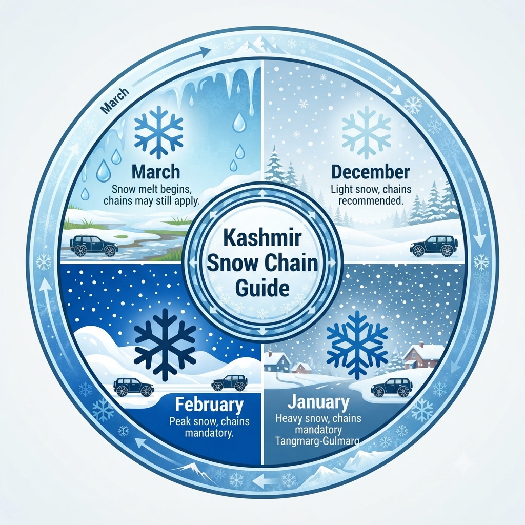 Kashmir Winter Cab Service with Snow Chains 2026 | 4x4 Rates 11 Seasonal guide infographic showing when snow chains are mandatory for Kashmir winter cab service