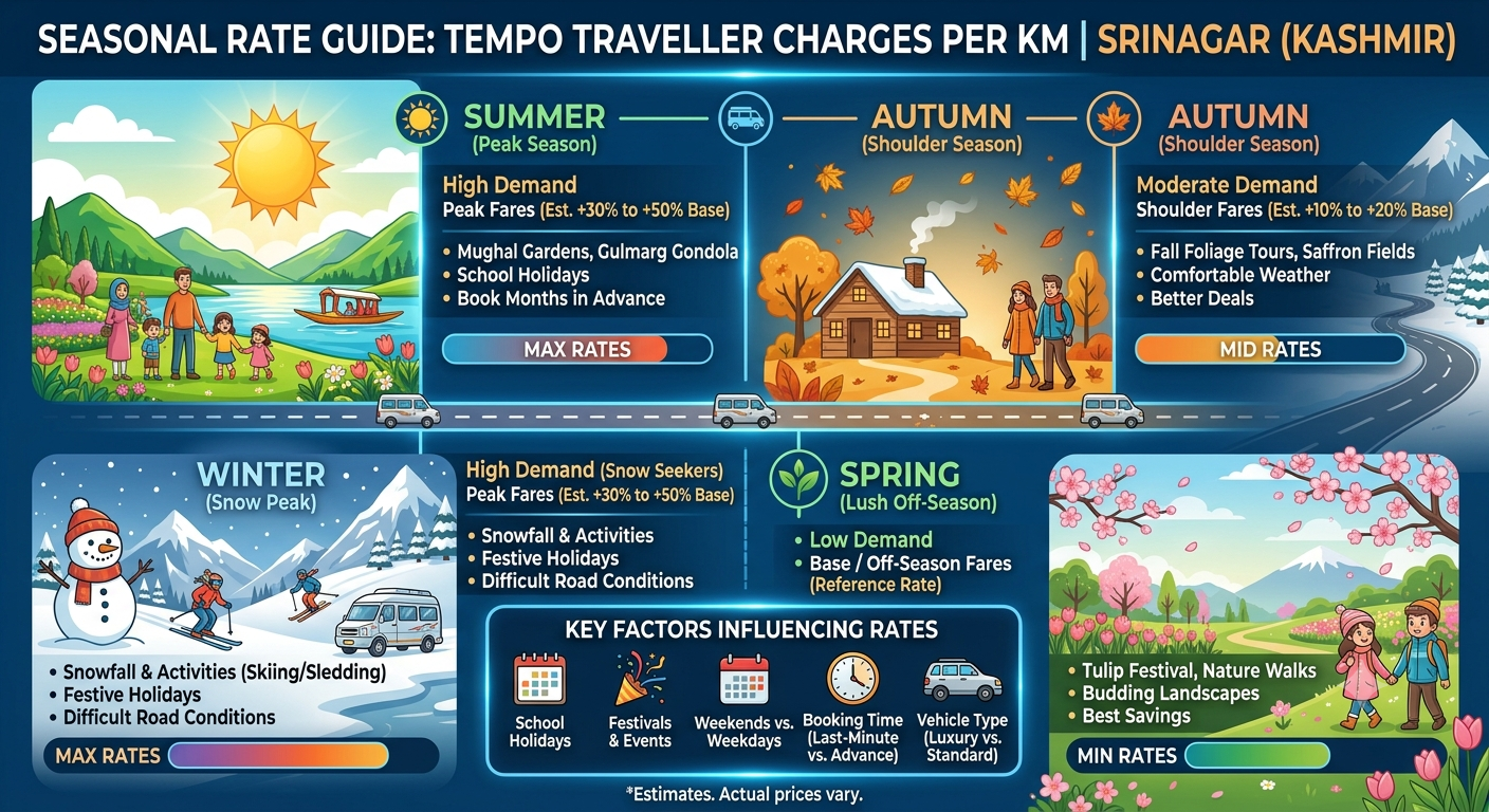 Seasonal rate guide infographic for tempo traveller charges per km in Srinagar by month 2026 by Nature Connect Travels