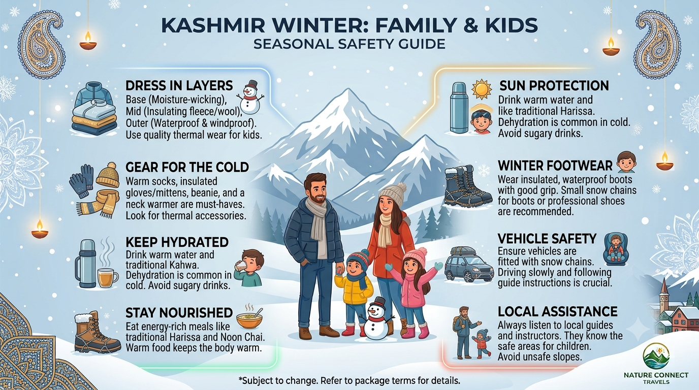 Seasonal safety guide infographic showing best winter months for Kashmir package for family with kids by Nature Connect Travels