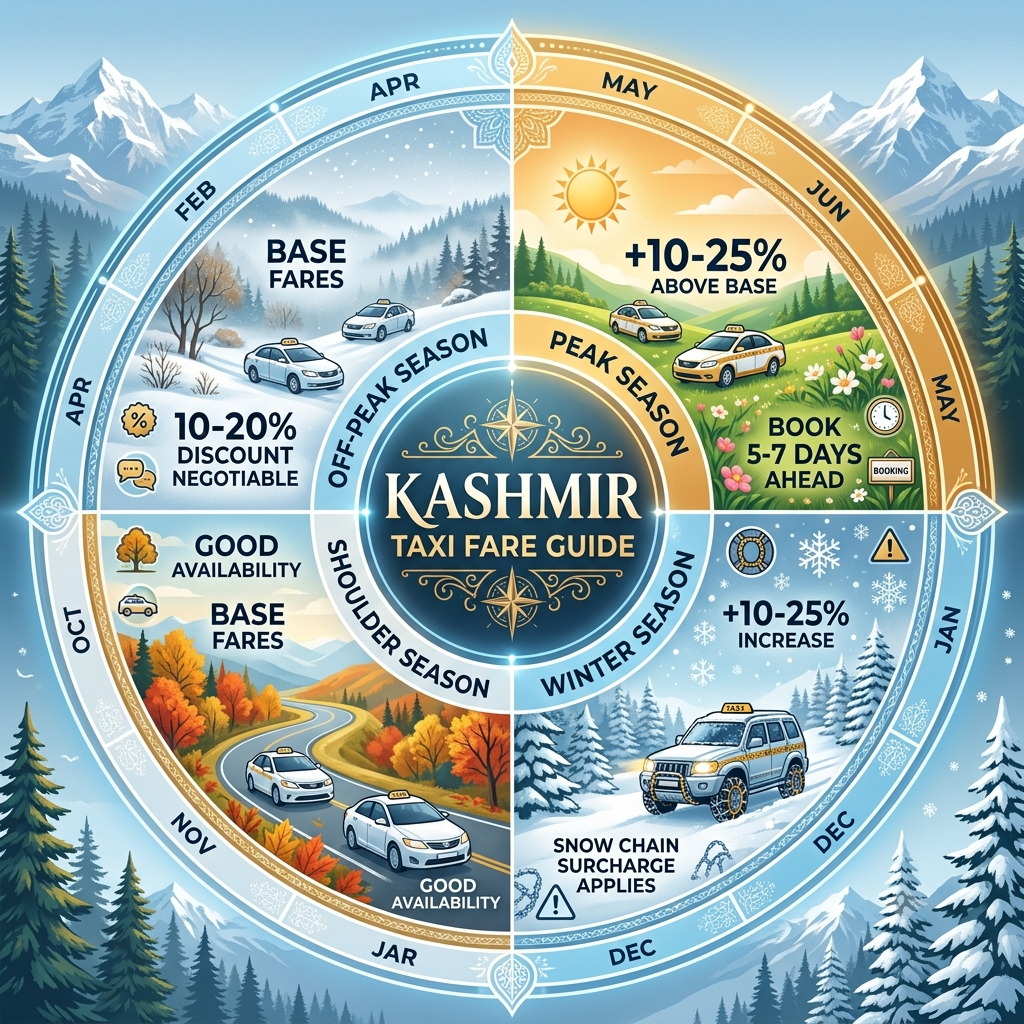 Kashmir Taxi Fare Guide 2026 | Nature Connect ₹2,200/Day 12 Seasonal variation infographic for Kashmir taxi fare guide showing peak and off-peak pricing 2026