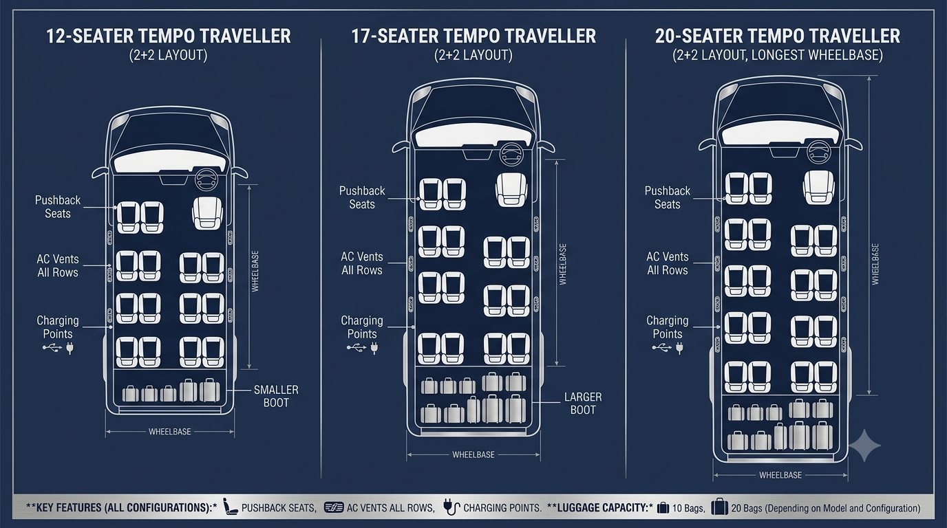 Seating layout infographic for tempo traveller Srinagar to Gulmarg showing 12 17 and 20 seater configurations