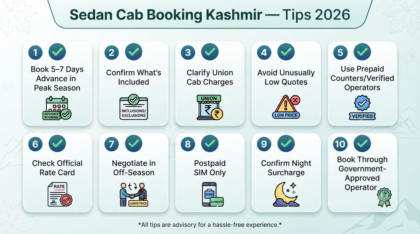 Sedan cab booking in Kashmir - booking tips infographic for hassle-free sedan cab booking in Kashmir travel
