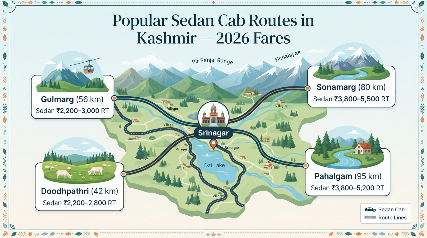 Sedan cab booking in Kashmir route wise fare chart infographic Gulmarg Pahalgam Sonamarg Doodhpathri round trip rates