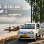 Sedan cab booking in Kashmir - white Swift Dzire with driver on Boulevard Road along Dal Lake for couple travel