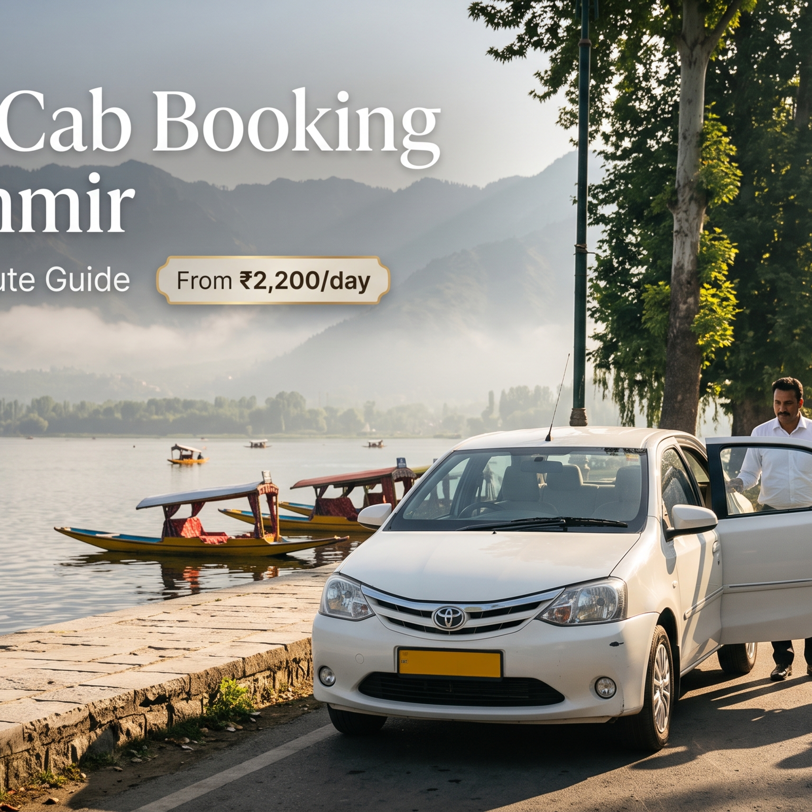 Sedan cab booking in Kashmir - white Swift Dzire with driver on Boulevard Road along Dal Lake for couple travel