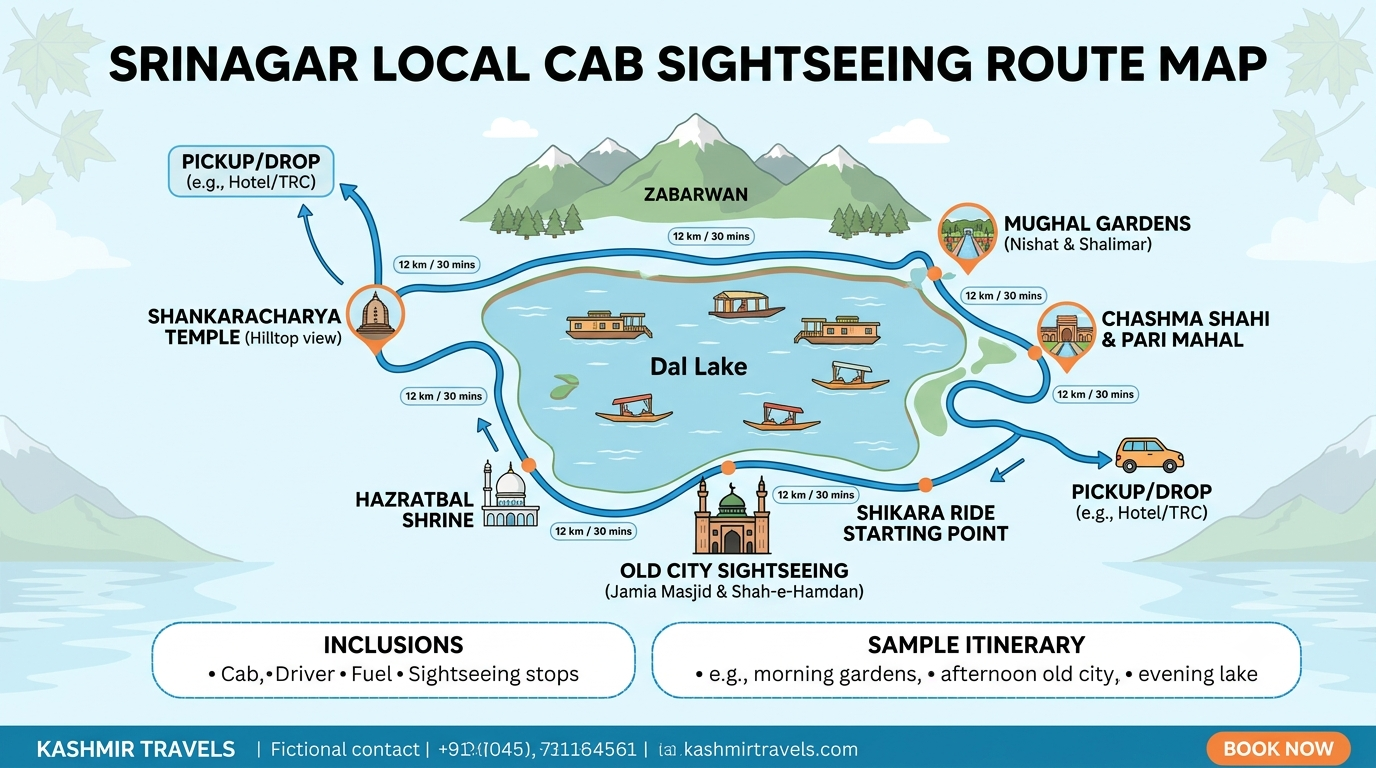 Sightseeing route map infographic for Srinagar local cab package showing Mughal Gardens and Old City circuits