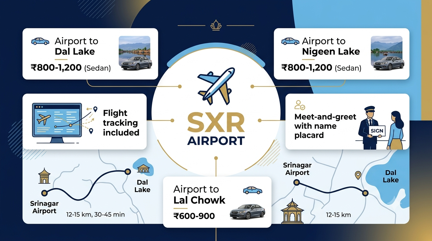Srinagar airport cab transfer infographic showing rates and process by Nature Connect Travels