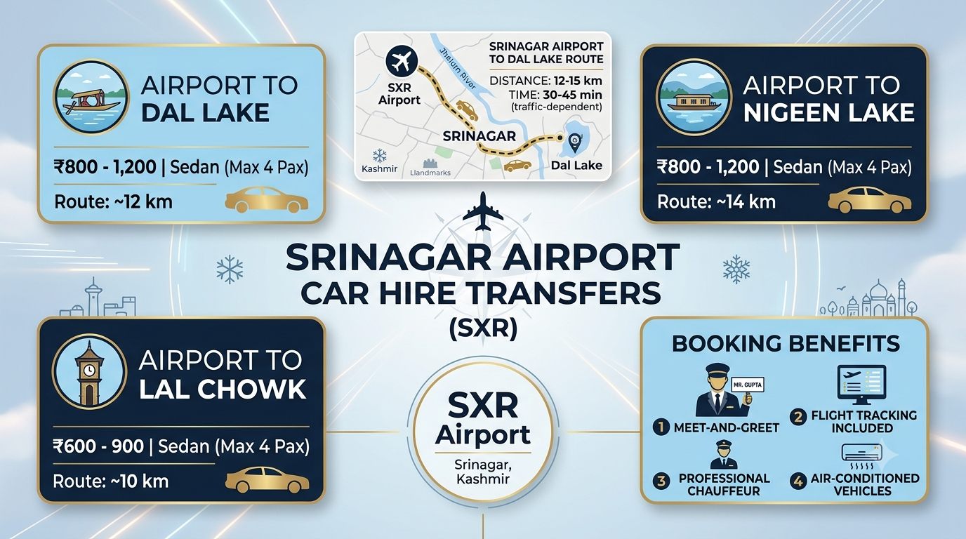Srinagar Car Hire 2026 | Nature Connect Travels ₹2,200+ 9 Srinagar airport car hire transfer infographic showing rates and process by Nature Connect Travels