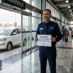 Srinagar airport taxi service by Nature Connect Travels showing driver with name placard at arrivals