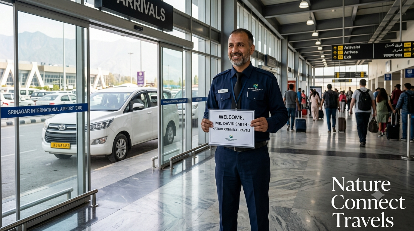 Srinagar airport taxi service by Nature Connect Travels showing driver with name placard at arrivals