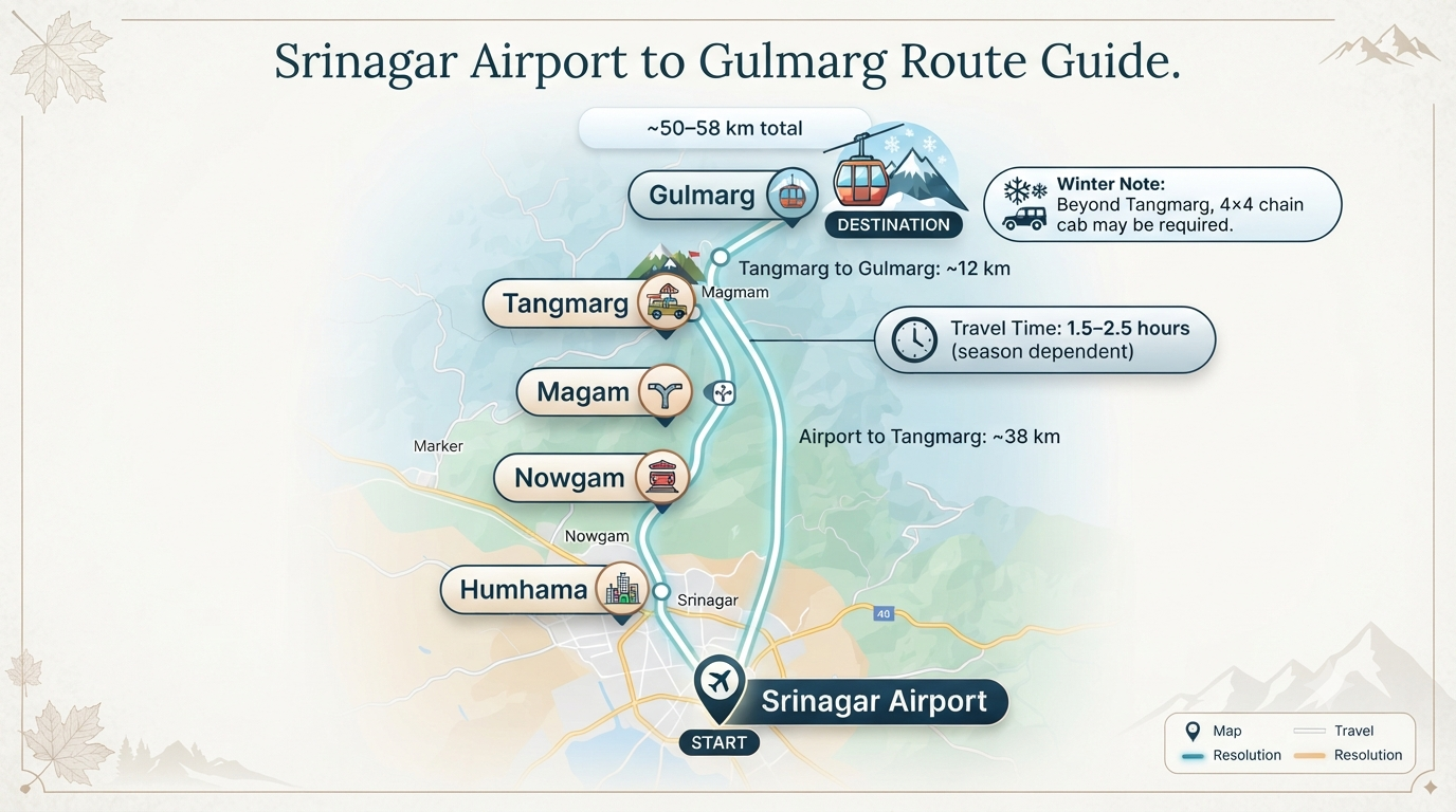 Srinagar airport to Gulmarg prepaid cab - route map infographic with distance 50-58 km and travel time 1.5-2.5 hours