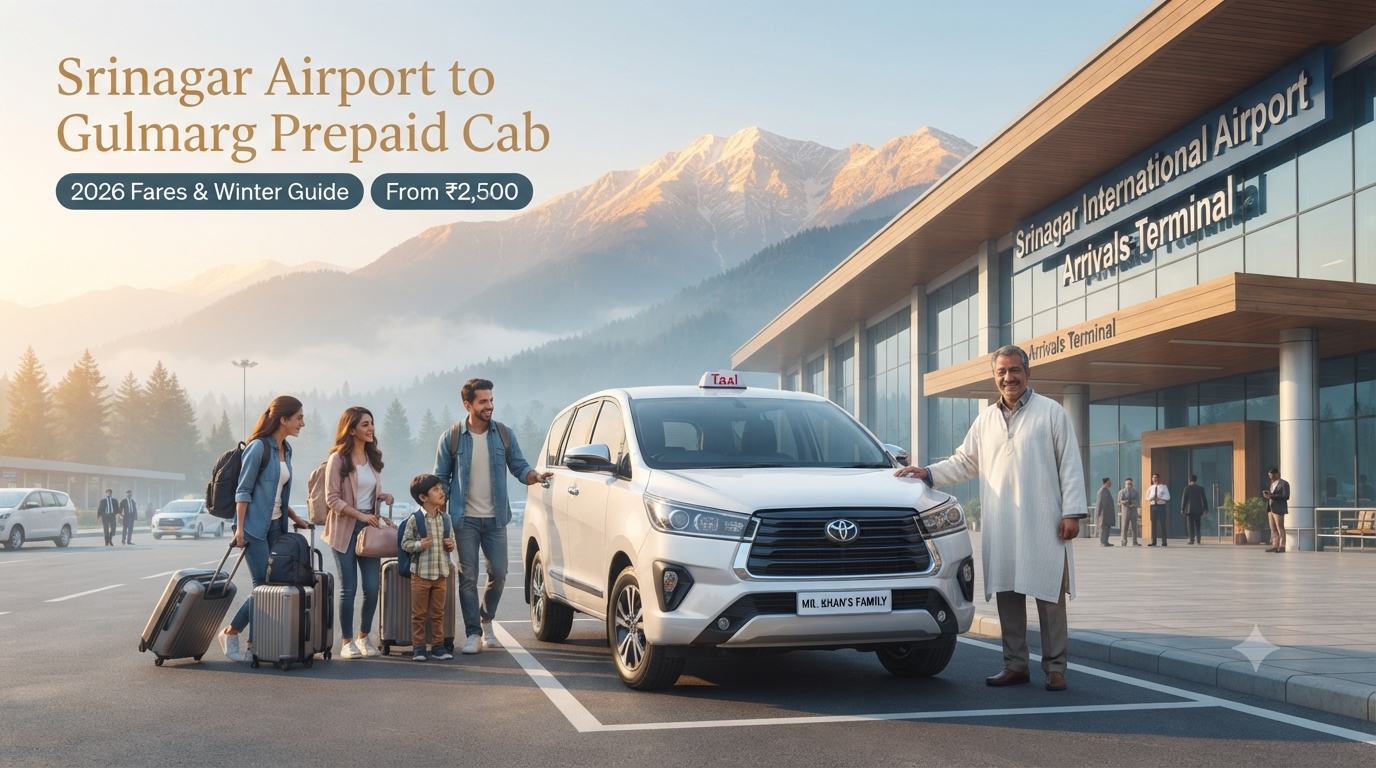 Srinagar airport to Gulmarg prepaid cab - white SUV with driver at airport arrivals for direct transfer to Gulmarg