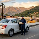 Srinagar cab service by Nature Connect Travels showing Dzire sedan with chauffeur at Dal Lake Boulevard