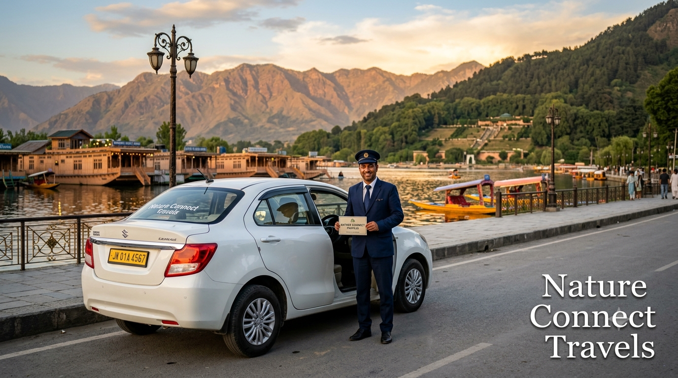 Srinagar cab service by Nature Connect Travels showing Dzire sedan with chauffeur at Dal Lake Boulevard