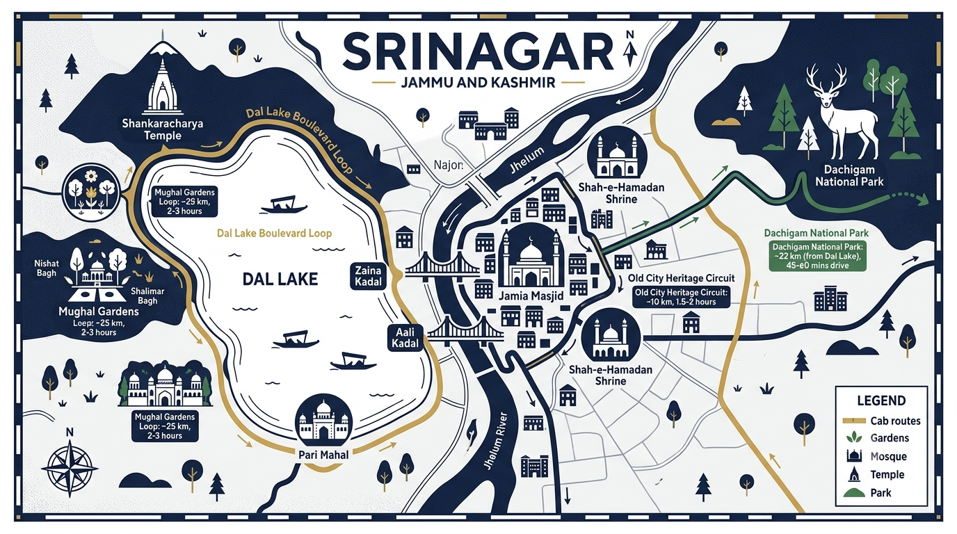 Srinagar cab sightseeing route map showing Mughal Gardens Old City and Dal Lake circuits by Nature Connect Travels