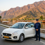 Srinagar car hire by Nature Connect Travels showing Dzire sedan with chauffeur at Dal Lake Boulevard