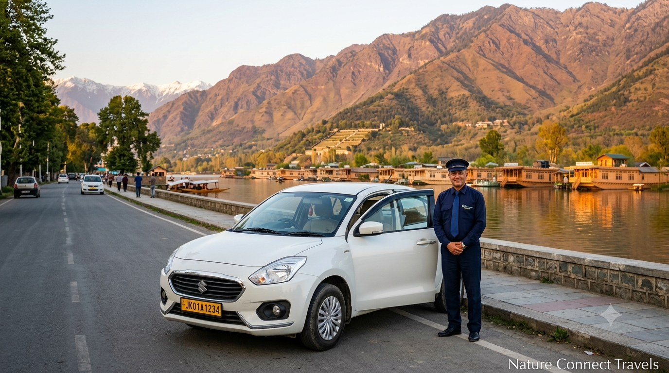 Srinagar car hire by Nature Connect Travels showing Dzire sedan with chauffeur at Dal Lake Boulevard