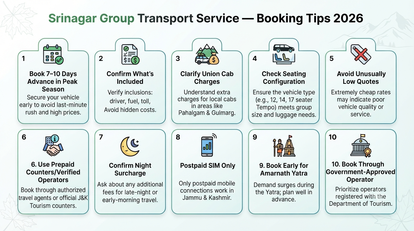 Srinagar group transport service - booking tips infographic for hassle-free group tour booking in Kashmir