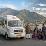 Srinagar group transport service - white Force Tempo Traveller with driver on Boulevard Road along Dal Lake for group travel