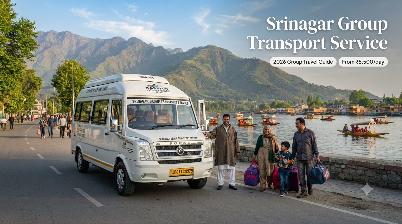 Srinagar group transport service - white Force Tempo Traveller with driver on Boulevard Road along Dal Lake for group travel