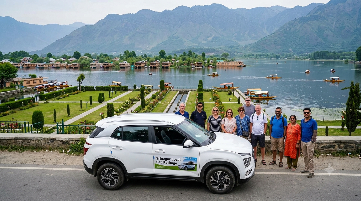 Srinagar local cab package by Nature Connect Travels showing sedan on Dal Lake Boulevard with chauffeur