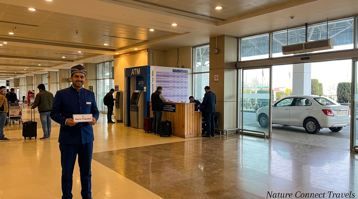 Srinagar prepaid taxi counter at airport arrivals with Nature Connect Travels chauffeur holding name placard