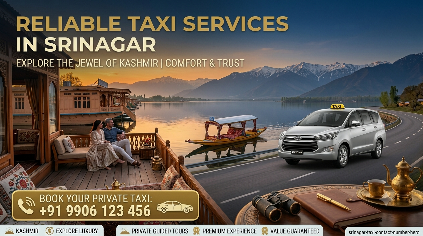 Srinagar taxi contact number for Nature Connect Travels showing sedan taxi on Dal Lake Boulevard with chauffeur