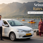 Srinagar taxi rates per day - white sedan with driver on Boulevard Road along Dal Lake for family travel in Srinagar
