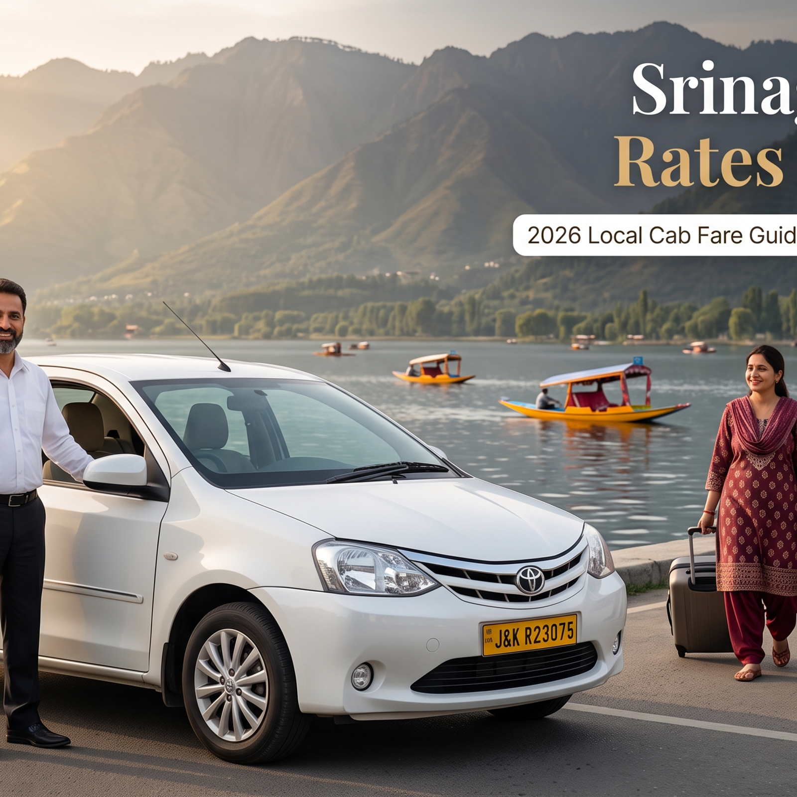 Srinagar taxi rates per day - white sedan with driver on Boulevard Road along Dal Lake for family travel in Srinagar