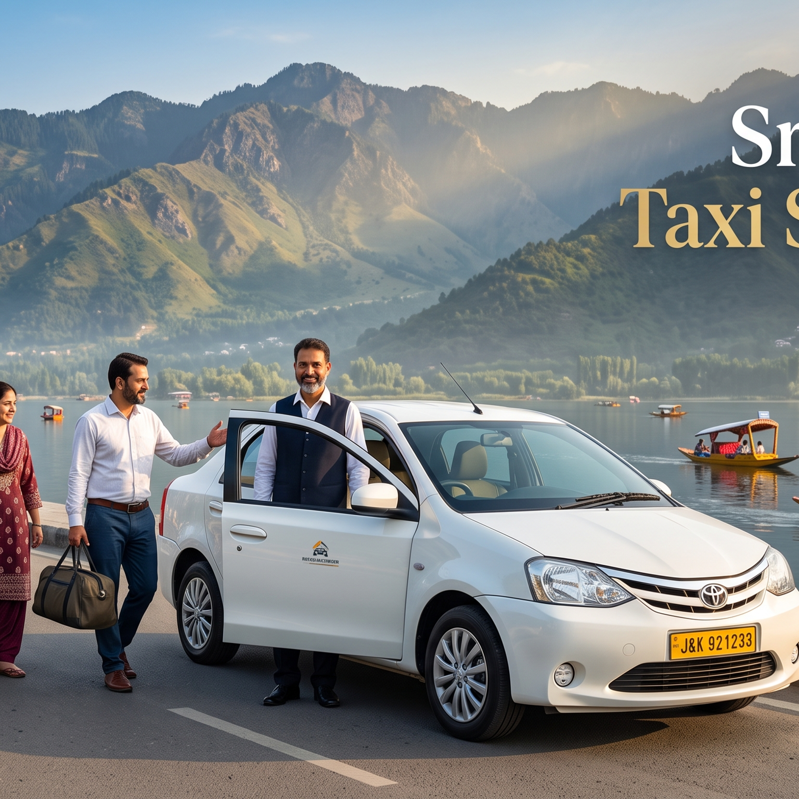 Srinagar taxi service - white sedan with driver on Boulevard Road along Dal Lake for family travel in Srinagar
