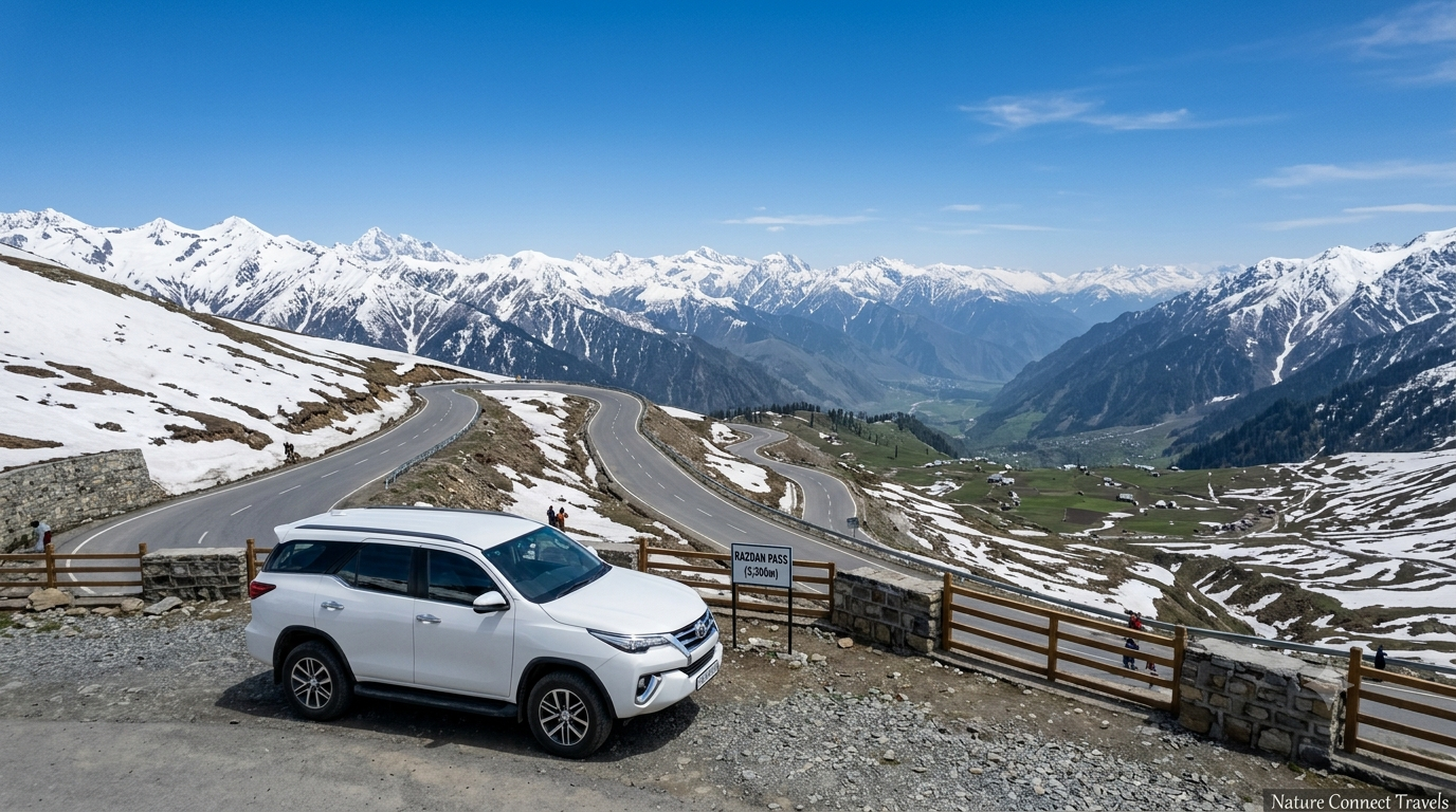 Srinagar to Gurez Valley SUV cab fare showing Fortuner at Razdan Pass with Himalayan mountain views
