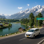 Srinagar to Sonamarg taxi round trip fare by Nature Connect Travels showing sedan on Sindh valley highway